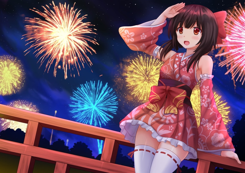 clothing, celebration, beautiful woman, Fireworks, Megumin (KonoSuba), low angle view, real people, KonoSuba, firework - man made object, three quarter length