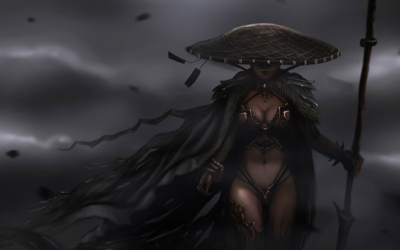 women, conical, hat, samurai, warriors, fantasy, 1080P, hd, cleavage, cloak, abstract, artwork, staff, art, storm, silkroad, h