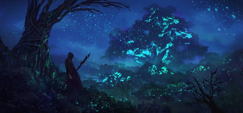 Staff, Fantasy, Silhouette, Tree, Forest, Light, 1080P, Night