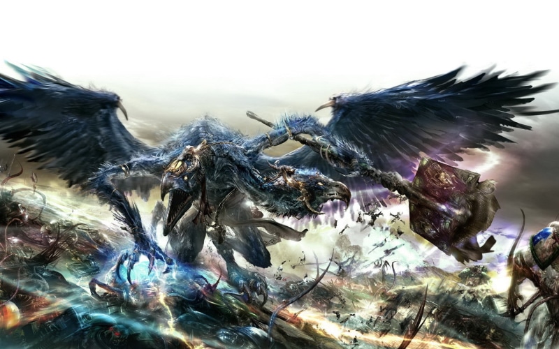 d, animals in the wild, bird, animal wildlife, feather, food, food and drink, blue, staff, tzeentch, flying, Warhammer 40,000, 1080P, no people