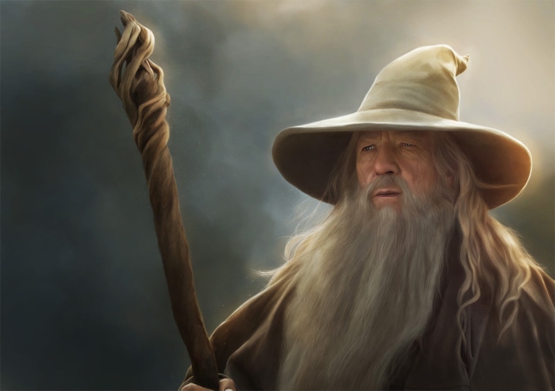 lifestyles, senior adult, headshot, wizard, hair, blond hair, beautiful woman, clothing, hat, cowboy, Gandalf, focus on foreground, nature, artwork, one person