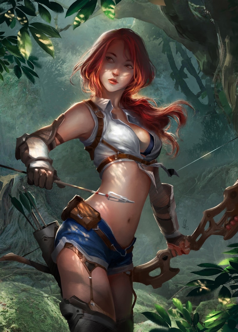 fantasy art, character, beauty, leaf, nature, redhead, adult, 1080P, plant, hairstyle, archer, three quarter length, hair, anime, young adult, women, gold colored