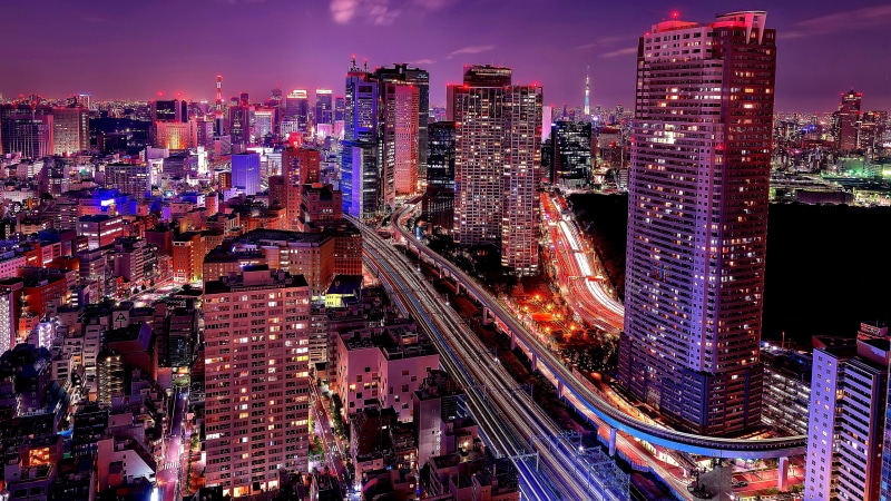 metropolis, purple night, skyscraper, shiodome, light trails, purple sky, cityscape, photography, city, shiodome city center, tower, asia, japan, 4K, landmark