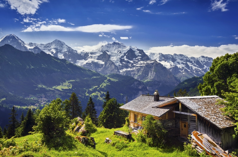 4k, 8k, 5k, mountains, sky, house, Switzerland, 4K