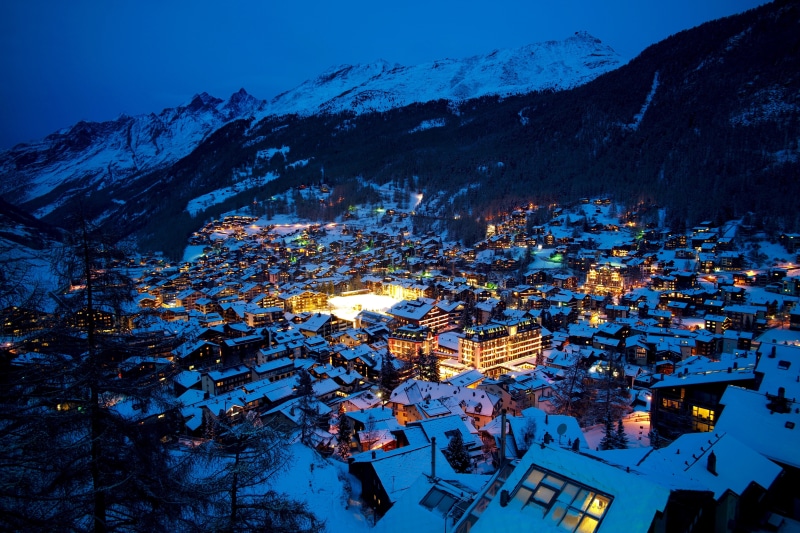 Zermatt, mountains, landscape, 5K, Switzerland, Alps, night, lights, snow, city lights