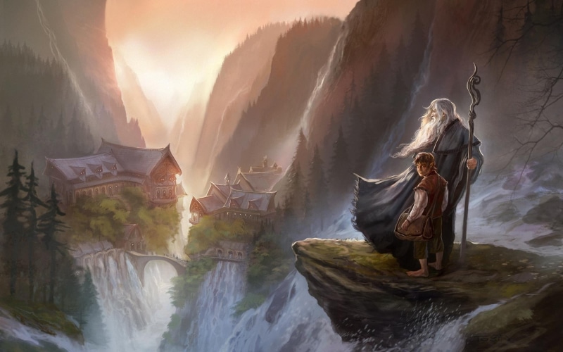 Bilbo Baggins, The Hobbit, digital art, fantasy art, Rivendell, 1080P, painting, The Lord of the Rings, Gandalf