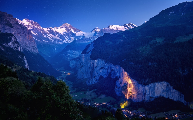 mountain peak, switzerland, 4K, citylights, lauterbrunnenvalley, mountains, night, plant, scenics - nature, snow, nightsky, landscape, long‑exposure, valleys