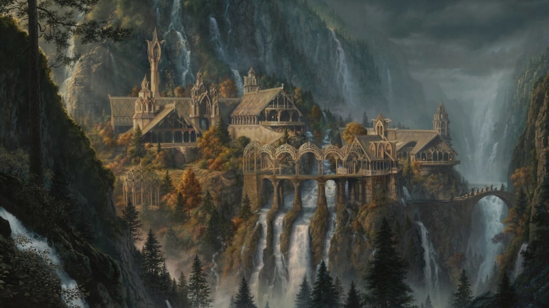 canyon, waterfall, 1080P, The Lord of the Rings: The Fellowship of the Ring, city, artwork, mountains, Rivendell