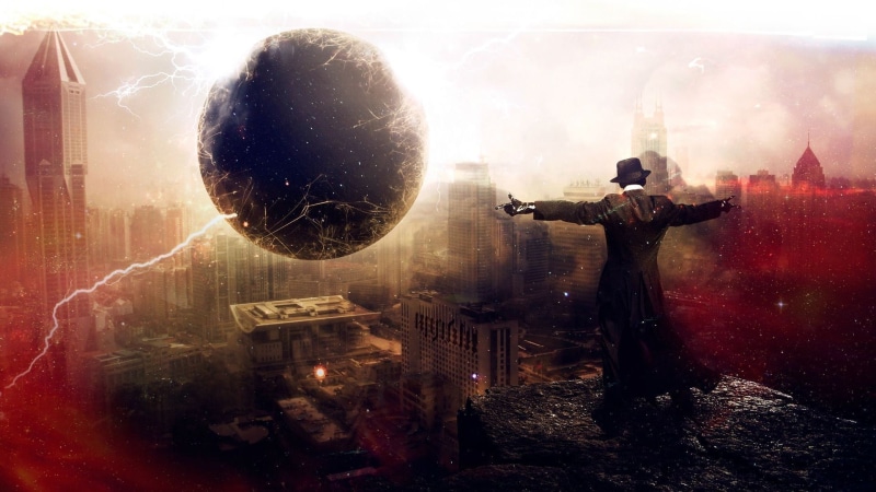 cityscape, outdoors, black, fantasy, destruction, skyscraper, one Person, men, nature, young men, front, urban Scene, night, lens flare, 1080P