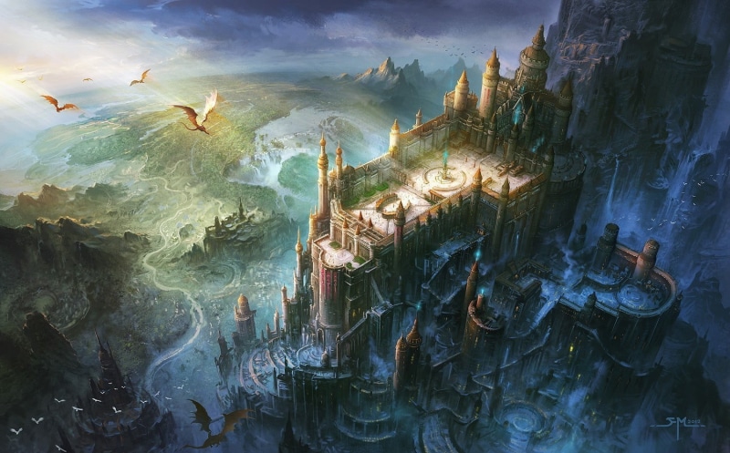 belief, spirituality, built structure, water, art, sky, painting, famous Place, illustration, building exterior, power in nature, fantasy art, history