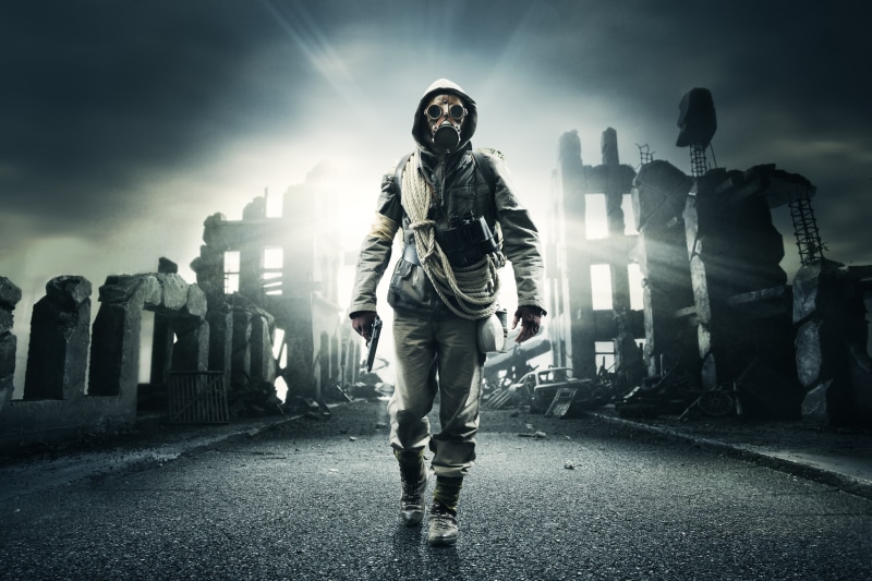 ruins, adult, mask, protective Mask - Workwear, leisure activity, rope, lifestyles, warm clothing, males, dark, standing, fog, men, front view