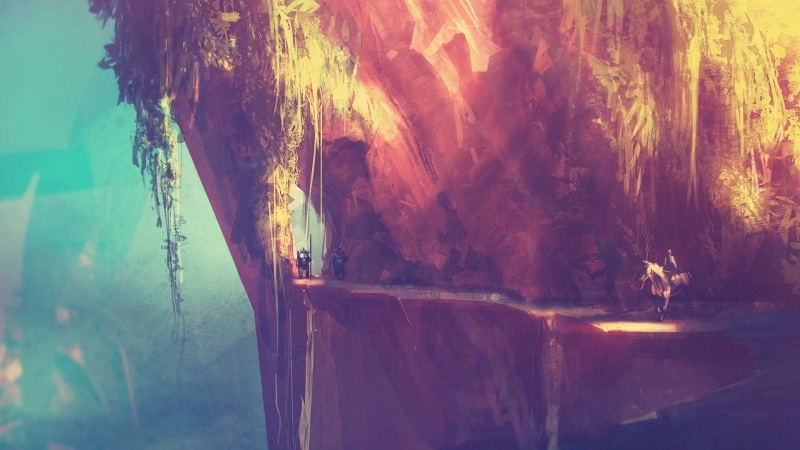 men, outdoors, mojivjuji, pathway, digital, landscape, cliff, oil Painting, mountain, light - Natural Phenomenon, mountains, rock - Object, nature, painted Image