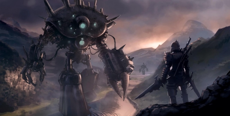 knight, tree, weapons, mojivjuji, outdoors, death, environment, painting, fantasy, blue, nature, armed forces, monster, sky, futuristic, 1080P, architecture