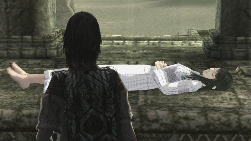 1080P, rear view, outdoors, water, three quarter length, architecture, Shadow of the Colossus, built structure, casual clothing, standing, women, human arm