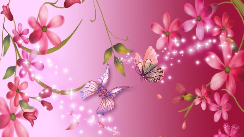 3d and abstract, 1080P, pink, flowers, purple, sparkle, lavender butterfly, bright, flower petals, stars
