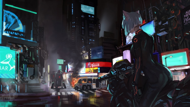 road, 1080P, built structure, building exterior, transportation, incidental people, men, people, cat ears, city street, architecture, woman, illuminated