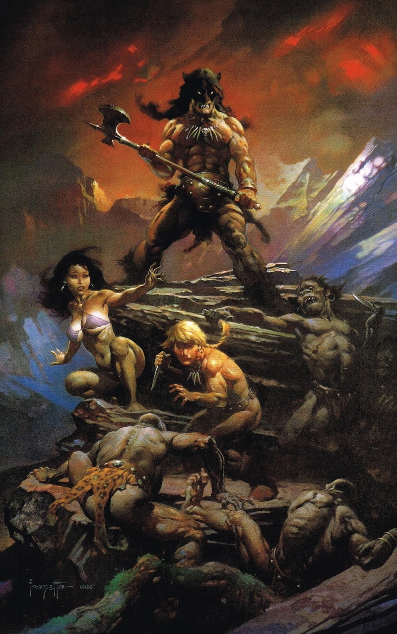 artwork, Frank Frazetta, warrior, fantasy art, muscles, 720P, Fire and Ice, fantasy girl, knife, painting, axes