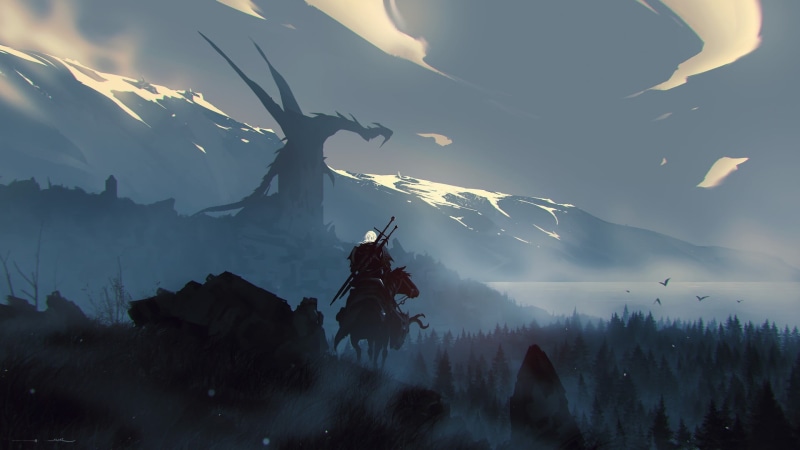 unrecognizable person, mountain, facing, mountain range, tranquility, The Witcher 3: Wild Hunt, cloud - sky, 1080P, real people, sky, man, silhouette