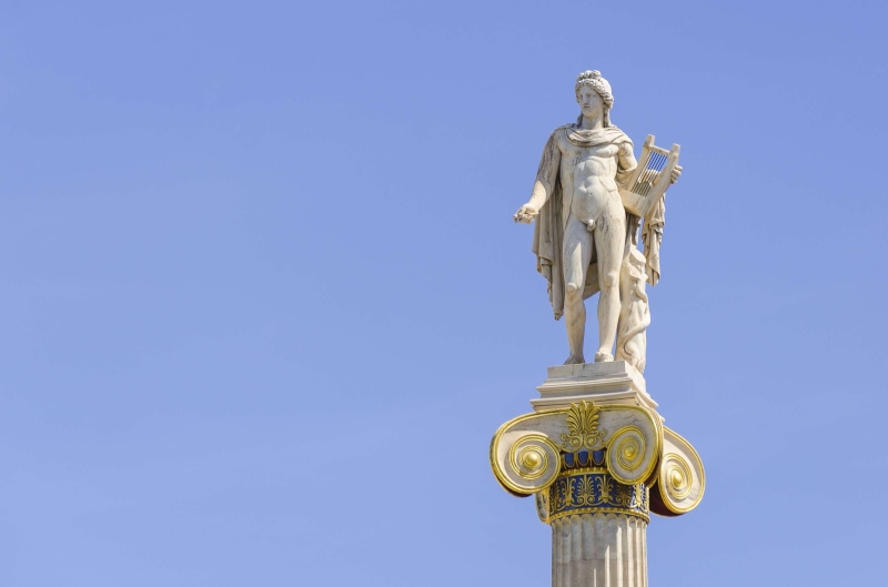 europe, low angle view, statue, female likeness, travel, travel destinations, apollo, creativity, sky, athens, god of music, nature, 2K, sculpture, culture