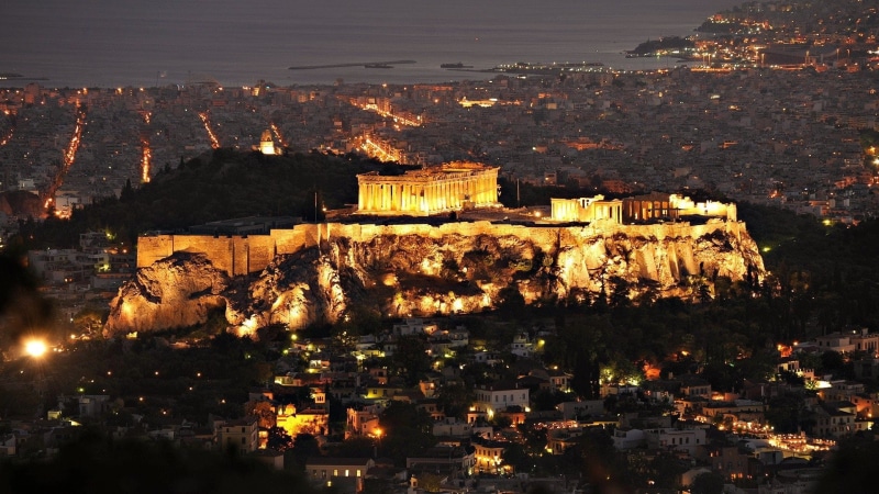 street, trees, city, history, sea, cityscape, house, architecture, rock, lights, Athens, hills, birds eye view, column, acropolis, evening, old building