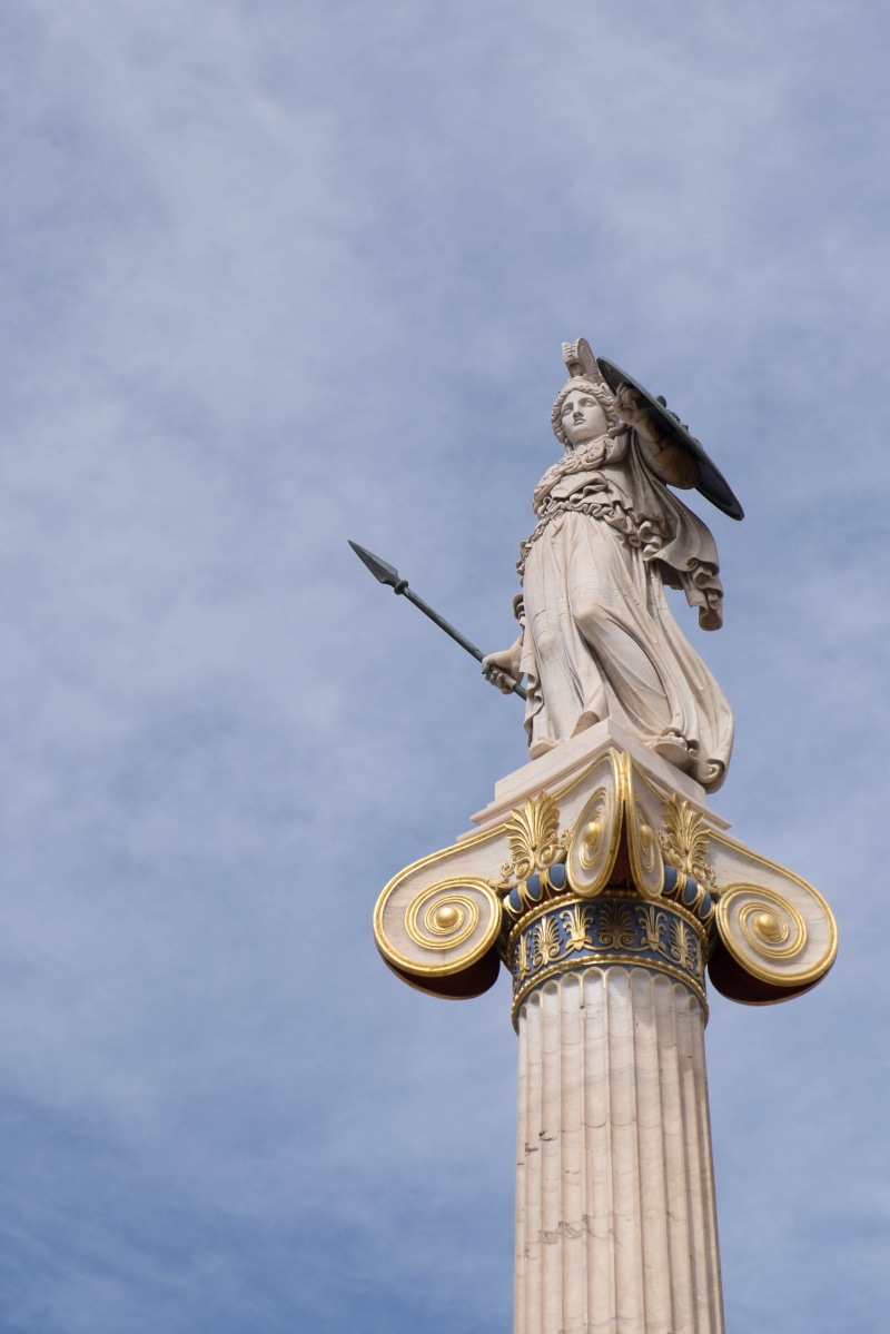 human representation, religion, craft, wisdom, statue, 4K, athena, spear, ancient history, architectural column, athens, day, outdoors, law, monument