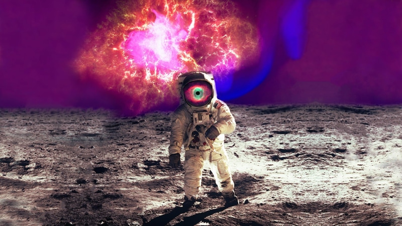Moon, spacesuit, trippy, 3D, space, starscape, psychedelic, NASA, space battle, science fiction, Space Engineers, fantasy art, galaxy, stars, 1080P, psychonauts