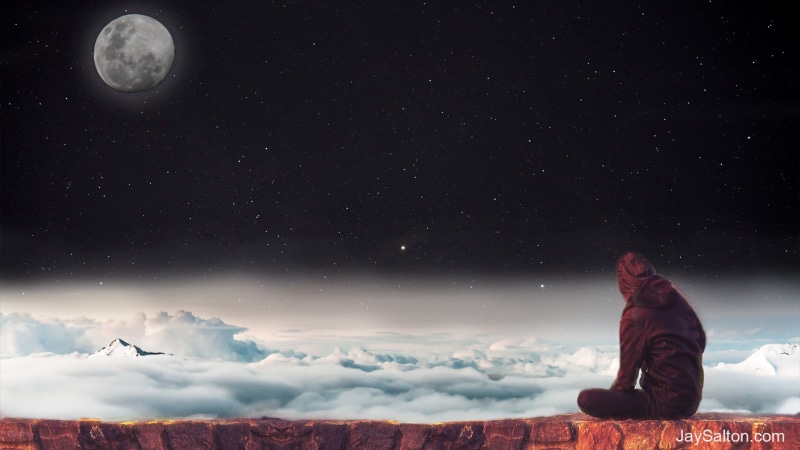 overcast, clouds, 1080P, rock climbing, star field, moon phases, digital art, night, clear sky, moon rays, starscape, Moon, sky, space, stars, jay salton