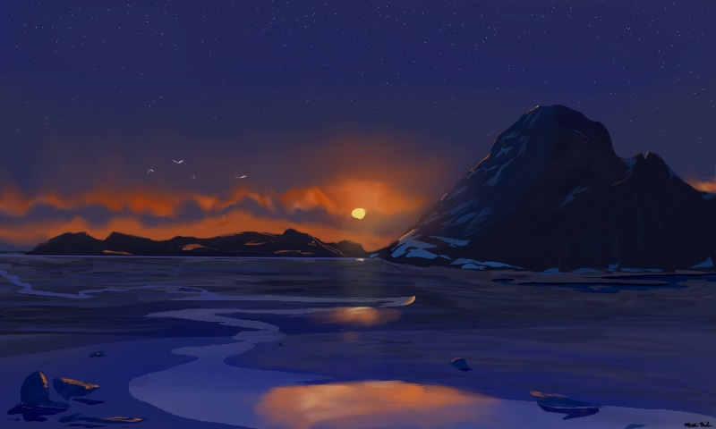 fantasy art, winter, digital art, landscape, 1080P, starscape, sunset