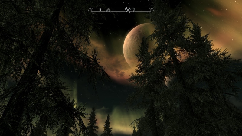 wood, Bethesda Softworks, The Elder Scrolls V: Skyrim, stars, winter, torches, fire, river, sunlight, landscape, space, dragon, rocks wall, grass, video games