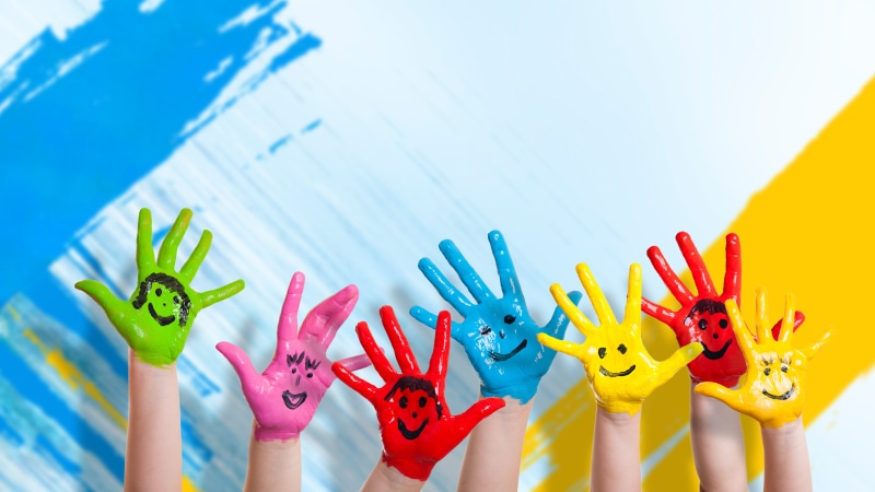 close-up, people, drawing, seven, girls, lifestyles, day, human Hand, representation, hands, yellow, multi Colored, colors, playful, cheerful, fun, palm