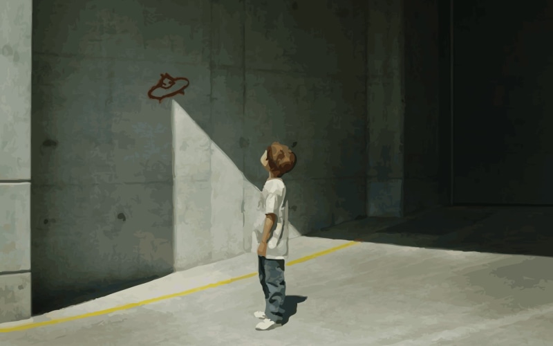 boy, wall, casual clothing, indoors, architecture, built structure, painting, Banksy, full length, shirt, 720P, side view, children, staring, white, one person