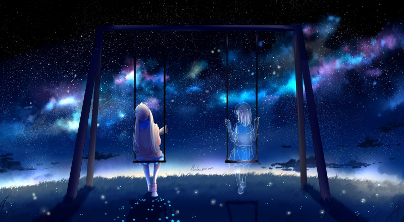 looking, illuminated, standing, star - space, nature, Anime, friends, swing, space, 4K, rear view, full length, lonely, lifestyles, astronomy, reflection