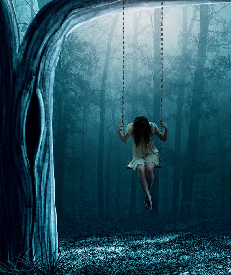 looking down, looking, beautiful, painting, people, Depression, swing, lonely, 2K, trees, young  girl, woods, blue, women, females, woman, atmosphere