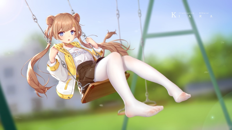 blue eyes, nylon stockings, anime, anime girls, white, pigtails, rope swing, feet, 5K, blonde