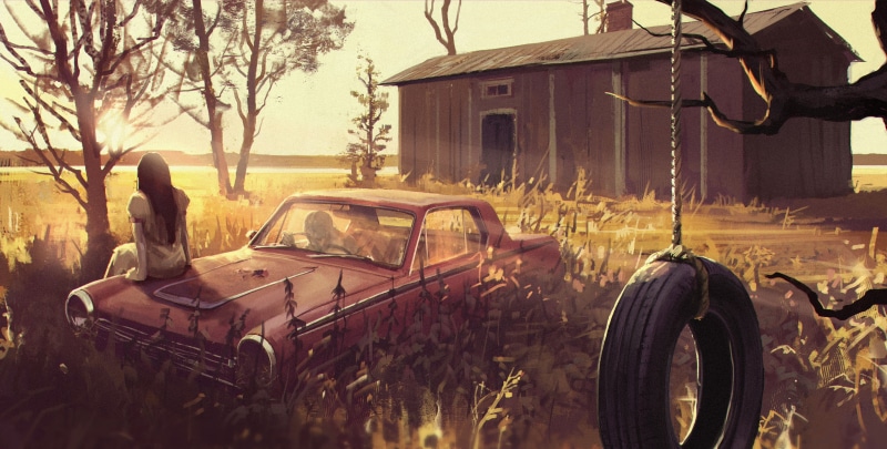 women, outdoors, red cars, barn, sunrise, inside a car, women outdoors, rural, dawn, vehicle, ropes, swing, sitting, tyres, sun rays, rubber, plants, long hair