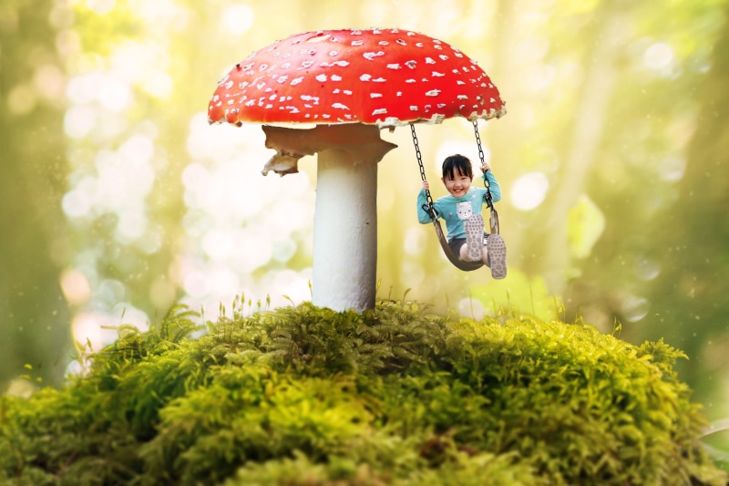 greeting card, chain, focus stack, happy, selective focus, pleasure, hell, background, child, postcard, 5K, growth, small, fly agaric, one person, fairy tales