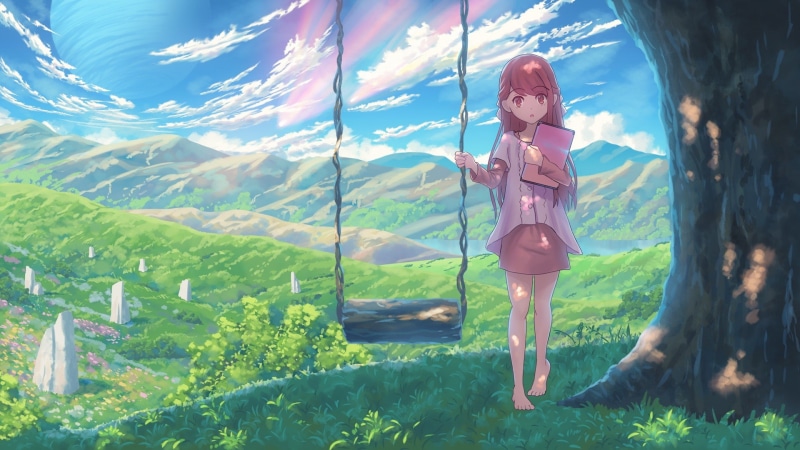 1080P, barefoot, shelter video, trees, redhead, Rin (Shelter), swings, mountains, dress, clouds, tablet