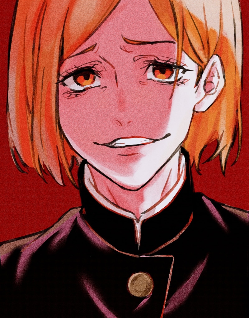 Kugisaki Nobara, grin, JK, orange eyes, redhead, simple background, 2D, short hair, anime, fan art, smiling, parted lips, school uniform, Jujutsu Kaisen