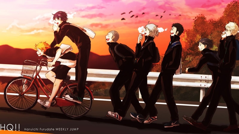 sport, competition, group of people, full length, black, women, helmet, sleeved, bicycle, lifestyles, sunset, white, Haikyuu, people, men, 720P, headwear