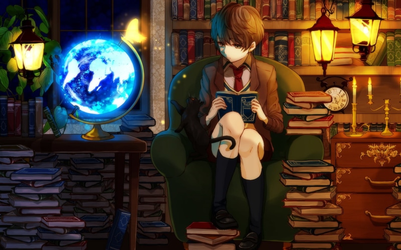 men, holding, front view, 720P, publication, business, reading, book, one person, young adult, standing, real people, clothing, illuminated, anime, indoors