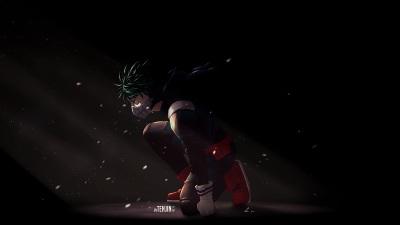 academia, sitting, copy space, lifestyles, Izuku Midoriya, young adult, hero, black background, dark, deku, front view, looking, 4K, full length