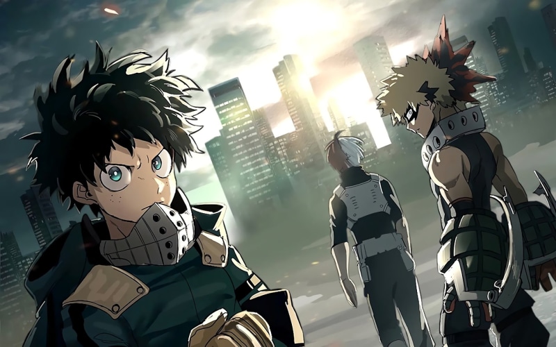 male likeness, lifestyles, hero, real people, Todoroki Shōto, sunlight, 1080P, art and craft, outdoors, academia, low angle view, Midoriya Izuku