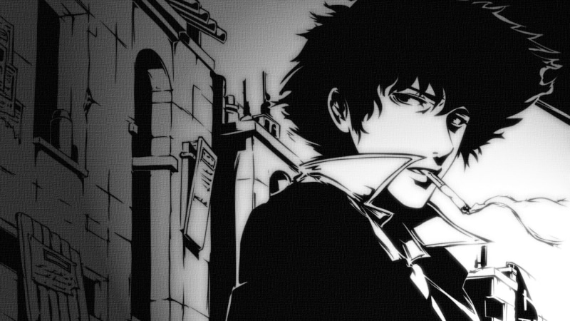 illustration, Cowboy Bebop, headshot, adult, 1080P, lifestyles, indoors, women, day, front view, architecture, hairstyle, cigarettes, smoking, portrait