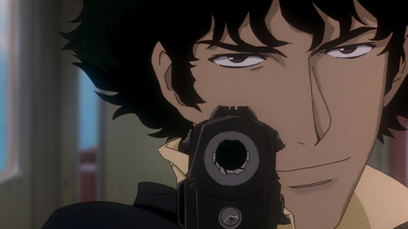 Cowboy Bebop, music, weapon, gas mask, disguise, 720P, day, unrecognizable person, real people, obscured face, Spike Spiegel, indoors, arts culture and entertainment