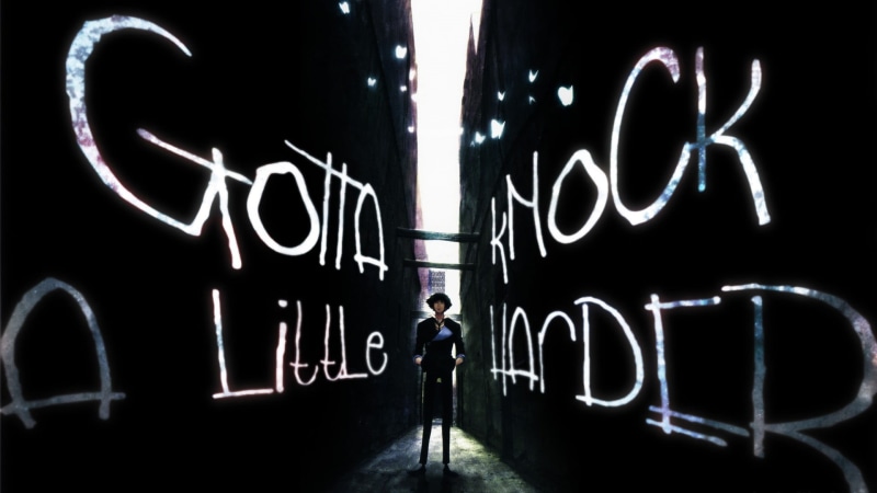 teenager, men, young adult, text, communication, full length, graffiti, illuminated, Cowboy Bebop, anime, Spike Spiegel, architecture, one person, business