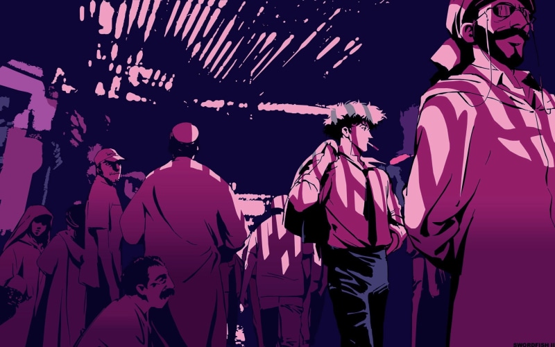 Spike Spiegel, illuminated, outdoors, festival, rear view, group of people, smoking, men, real people, 1080P, silhouette, artwork, anime, lifestyles, Cowboy Bebop