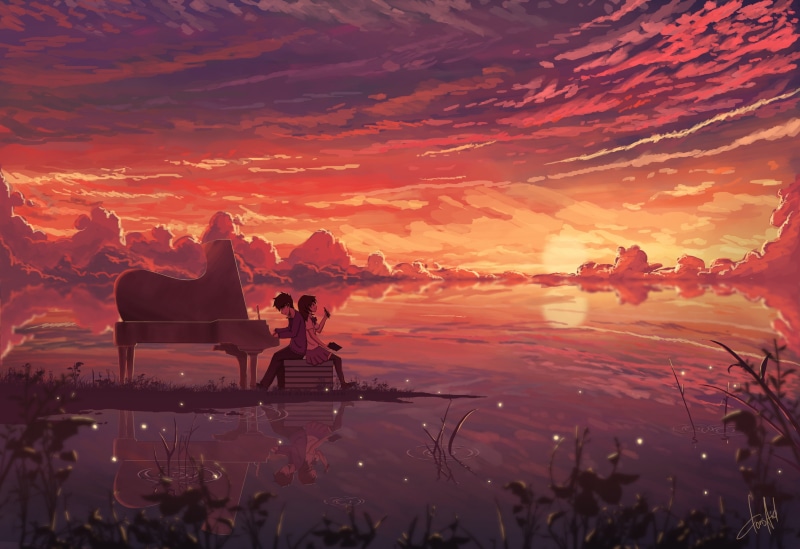 brunette, looking away, anime girls, clouds, sunset, couple, piano, skirt, thigh-highs, love, anime boys, artwork, 2K, sky, anime