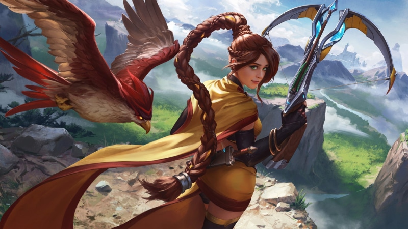 thighs, ponytail, 1080P, Paladins: Champions of the Realm, hawk (animal), brunette, thigh-highs, women, green eyes, looking back, artwork, video games