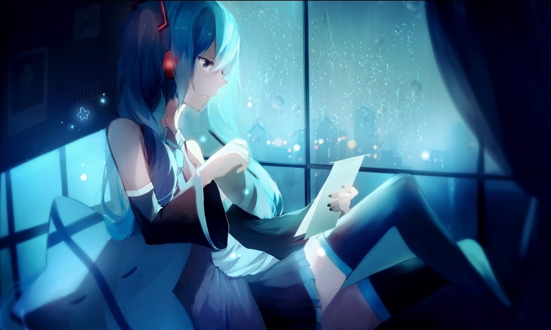 women, looking, tie, Hatsune Miku, night, technology, 1080P, young women, twintails, skirt, crying, fashion, computer, thigh-highs, rain, long hair, one person