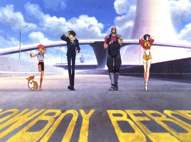 Cowboy Bebop, people, standing, men, casual clothing, nature, sky, road, real people, 480P, transportation, text, bebop, women, cowboy, Spike Spiegel